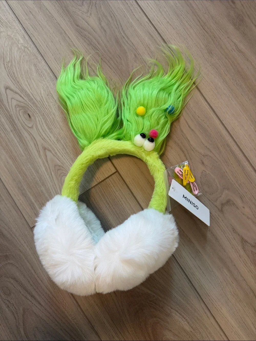 Kids Green Fuzzy Monster Ear Muffs with White Plush Pads